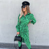 Women Casual Print Green Dress Long Sleeve Button Lace Up Female Midi Frocks Jumper Split Vestidos High Waist Woman Dresses 2022