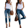 Women Casual Ripped Holes Pencil Denim Jeans Dark Blue High Waist Close-fitting Long Trousers with Broken Holes