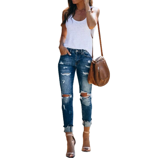 Women Casual Ripped Holes Pencil Denim Jeans Dark Blue High Waist Close-fitting Long Trousers with Broken Holes