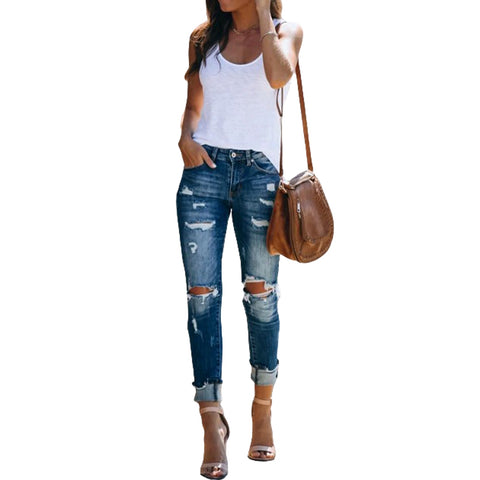 Women Casual Ripped Holes Pencil Denim Jeans Dark Blue High Waist Close-fitting Long Trousers with Broken Holes
