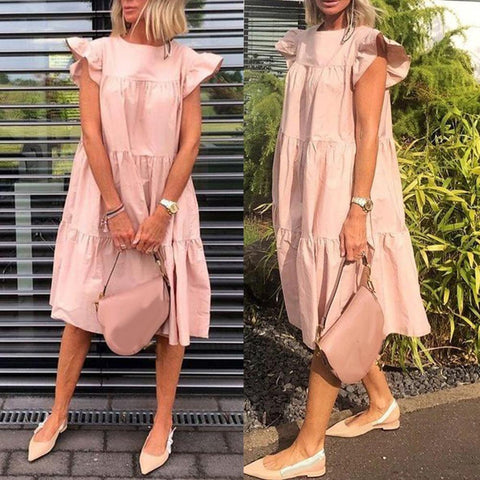 Women Casual Solid Color O Neck Ruffled Short Sleeve Large Hem A Line Midi Dress Women's Clothing Summer Dresses female vestidos