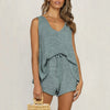 Women Casual Solid Loose Cotton Blend Rib Knitted Clothing Sets Lady Summer Sleeveless V Neck Tank Top + High Waist Short Pants