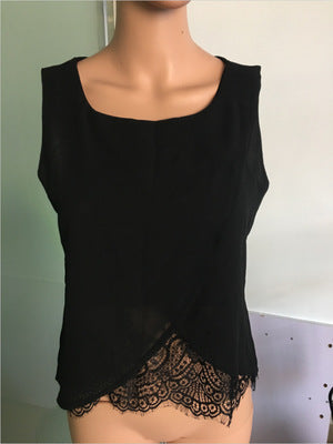 Women Casual Solid Sleeveles Blouse Women Short Blusas Chemise Femme Cross Lace Panel Chiffon Shirt WJ0322