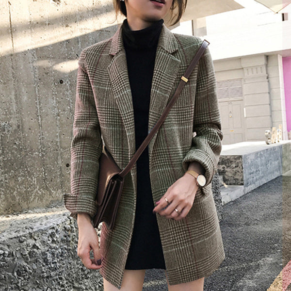 Women Check Blazers Single Breasted Coat Lady Vintage Long Sleeve Pockets Female Outerwear Chic Jackets Autumn 2023