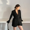 Women Chic Black Blazer Casual Drawstring Single Button Office Ladies Pockets Suit Jacket Female 2022 Spring Blazers