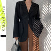 Women Chic Black Blazer Casual Drawstring Single Button Office Ladies Pockets Suit Jacket Female 2022 Spring Blazers