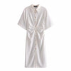 Women Chic  Button-up Draped Midi Shirt Dress Vintage Short Sleeve Side Zipper Female Dresses Vestidos