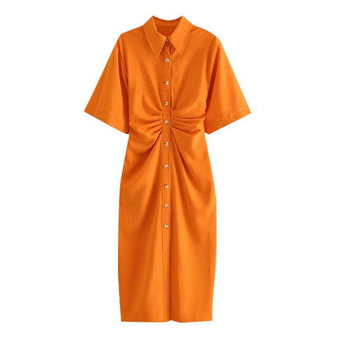 Women Chic  Button-up Draped Midi Shirt Dress Vintage Short Sleeve Side Zipper Female Dresses Vestidos