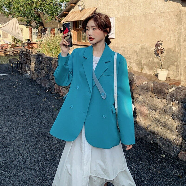 Women Chic Office Lady Double Breasted Blazer Vintage Coat Notched Collar Long Sleeve Ladies Jacket Traf