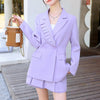 Women Chic Office Lady Double Breasted Ruffled Beads Blazer Vintage Coat Notched And Pleated Mini Skirt Culottes Suits