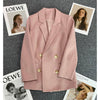 Women Chic Office Lady Pink Blazer Loose Jacket Lapel  Long Sleeve Suit Coat Double Breasted Ladies Casual Tops