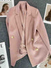 Women Chic Office Lady Pink Blazer Loose Jacket Lapel  Long Sleeve Suit Coat Double Breasted Ladies Casual Tops
