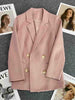 Women Chic Office Lady Pink Blazer Loose Jacket Lapel  Long Sleeve Suit Coat Double Breasted Ladies Casual Tops