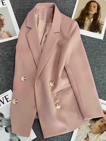 Women Chic Office Lady Pink Blazer Loose Jacket Lapel  Long Sleeve Suit Coat Double Breasted Ladies Casual Tops