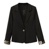 Women Chic Office Lady Single Button Blazer Coat Floral Printing Notched Collar Long Sleeve Black Outerwear Stylish Tops