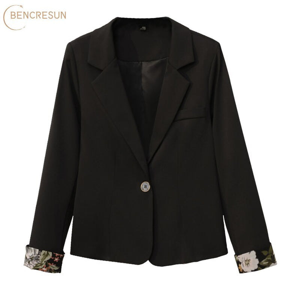 Women Chic Office Lady Single Button Blazer Coat Floral Printing Notched Collar Long Sleeve Black Outerwear Stylish Tops