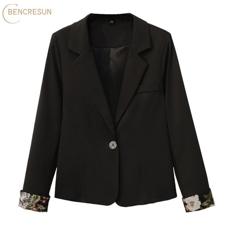 Women Chic Office Lady Single Button Blazer Coat Floral Printing Notched Collar Long Sleeve Black Outerwear Stylish Tops