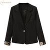 Women Chic Office Lady Single Button Blazer Coat Floral Printing Notched Collar Long Sleeve Black Outerwear Stylish Tops