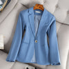 Women Chic Office Lady Single button Blazer Vintage Coat Notched Collar Long Sleeve Ladies Outerwear Stylish Blue Tops
