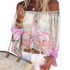 Women Chiffon Blouse Long Sleeve Off Shoulder Floral Print Hollow Out Lace Up Tops Shirts Female Blouses Sexy Casual Tops