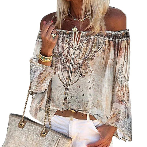 Women Chiffon Blouse Long Sleeve Off Shoulder Floral Print Hollow Out Lace Up Tops Shirts Female Blouses Sexy Casual Tops