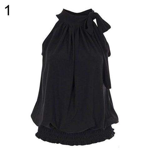 Women Chiffon Sexy Casual Solid Pleated Halter Neck Elastic Hem Sleeveless Vest Tops 2022 New Summer Loose Female Ladies Shirt