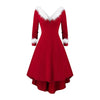 Women Christmas Long Sleeve Sexy V-Neck Red Midi Swing Dress White Plush Trim Pleated Asymmetric Party Santa Costume