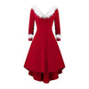 Women Christmas Long Sleeve Sexy V-Neck Red Midi Swing Dress White Plush Trim Pleated Asymmetric Party Santa Costume