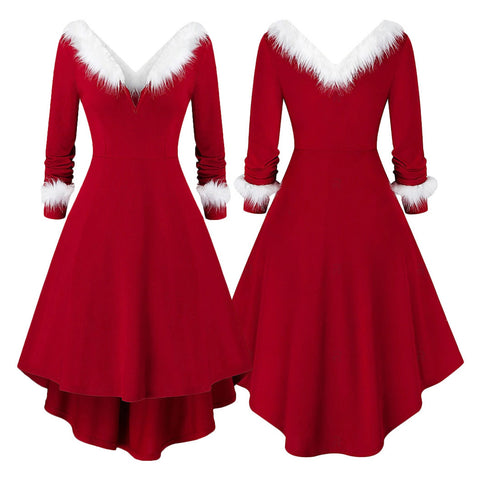 Women Christmas Long Sleeve Sexy V-Neck Red Midi Swing Dress White Plush Trim Pleated Asymmetric Party Santa Costume