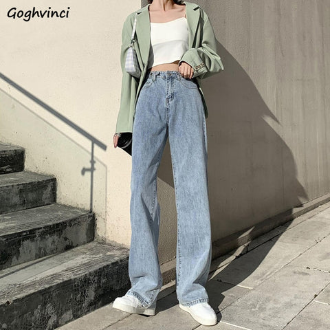 Women Classic Jeans Simple High Waist Loose Basic Vintage Washed Korean Style Solid Young Large Size S-2XL Spring Female Popular