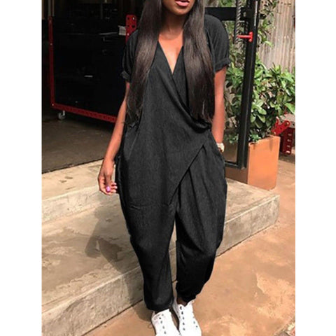 Women Clubwear For Female Playsuit Solid Casual Short Sleeve Party Jumpsuit Ankle Length Romper Trousers Pants 2022