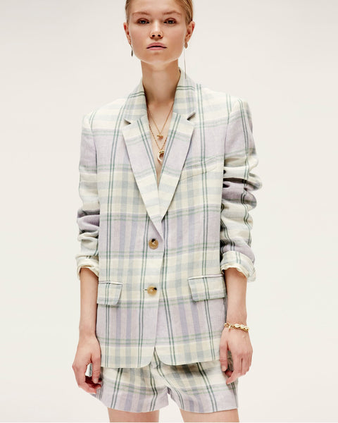 Women Coat 2023 Early Autumn Linen Plaid Long-sleeved Suit Jacket Women Loose Casual All-match Small Suit
