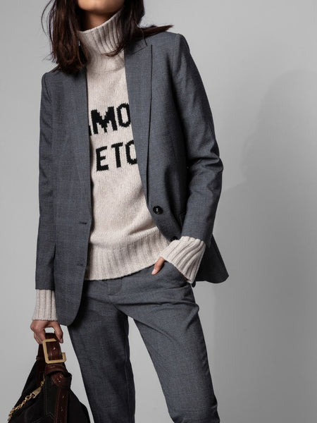 Women Coat 2023 Spring and Autumn Solid Color Thin Single Breasted V-Neck Lapel Long Sleeves Jacket Loose Gray Ladies Suit