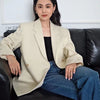 Women Coat Blazer Double-breasted Casual Commuter Silhouette Suit Mid-length Beige/Black Ladies Top