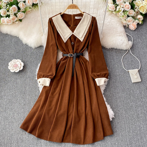 Women Corduroy Long Sleeve Casual Dress Sweet doll collar Button Bandage Dresses Spring Vintage A-Line Party Midi Dress 2022