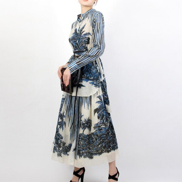 Women Cotton Skirt Suit 2022 Spring Summer Female Two Piece Set Print Blouse Shirt Skirt All Match Belt Fairy New