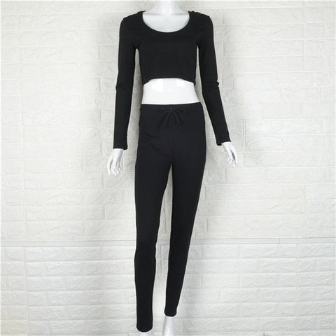 Women Cotton Sportwear Legging Autumn Elastic Comfortable High Waist Grey and Black Leggin +Long Sleeve Crop Tops 2PCS NQ831072