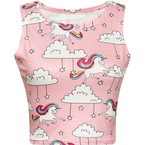 Women Crop Top 2022 Summer Cute Unicorn Stars Pattern Printed Slim Fit Tank Kawaii Skinny Vest for Girls Lovely Short Cami Pink