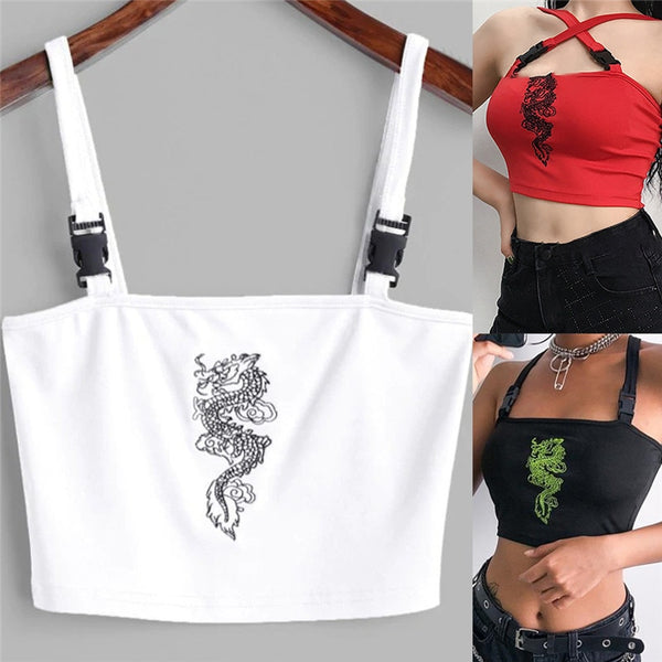 Women Crop Tops Casual Dragon Pattern  Summer Cropped Sexy Tight Attractive Fitness Polyester U Neck Fashion Tank Top
