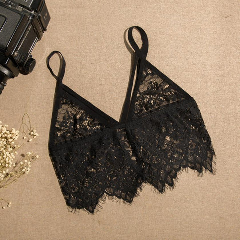 Women Crop Tops Hollow Out Camis Translucent Underwear Sheer Lace Frenum Strap Lingerie Bra Tops #2154