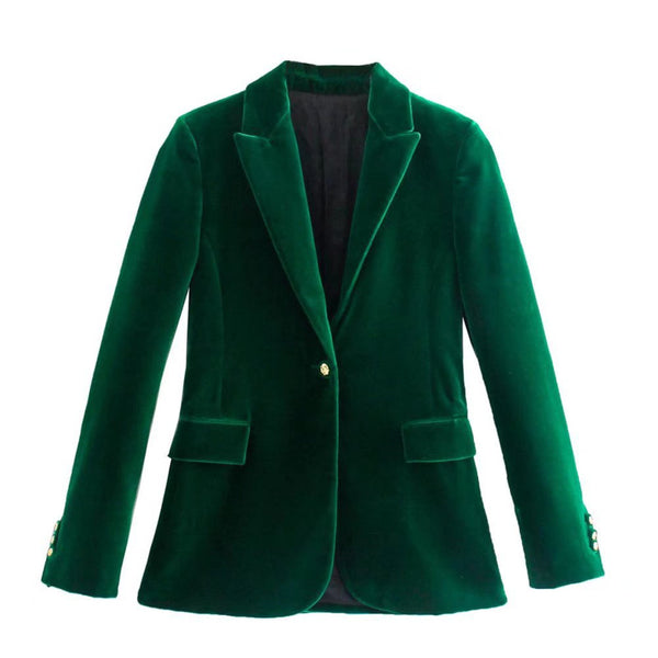 Women Dark Green Velvet Blazer Jacket Elegant Coat Female Slim Fit Office Lady Solid Long Sleeve Single Button Tops Fall Winter
