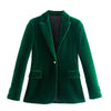 Women Dark Green Velvet Blazer Jacket Elegant Coat Female Slim Fit Office Lady Solid Long Sleeve Single Button Tops Fall Winter
