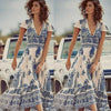 Women Deep V Neck Boho Floral Printed Summer Long Maxi Dress Party Evening Summer Beach Split Sundress