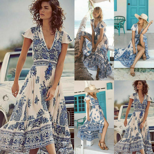 Women Deep V Neck Boho Floral Printed Summer Long Maxi Dress Party Evening Summer Beach Split Sundress