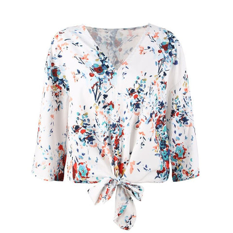 Women Deep V-Neck Print Blouse Top Lady Long Sleeve Chiffon Shirt Fashion Female Bandage Bow Blouse Nightclub Sexy Blouse