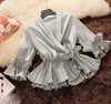 Women Deep V-neck Ruffles Shirts Spring Autumn Lace Up Chiffon Blouses Ladies Pleated Tops Elegant Office Blusas