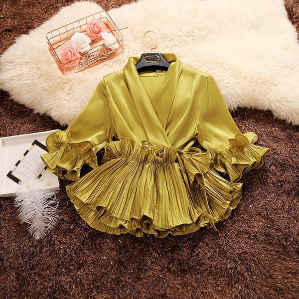 Women Deep V-neck Ruffles Shirts Spring Autumn Lace Up Chiffon Blouses Ladies Pleated Tops Elegant Office Blusas