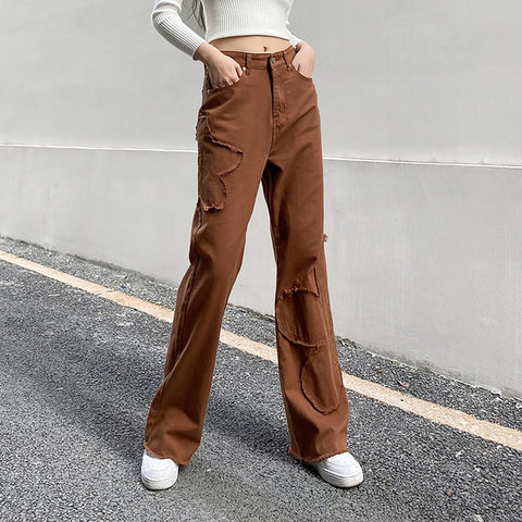 Women Denim Pants Floral Patchwork Loose Ladies Mid Rise Solid Color Trousers pantalon pour femme джинсы для девушек