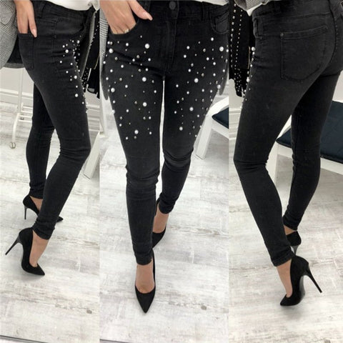 Women Denim Skinny Ripped Pants Black Blue High Waist Stretch Jeans Long Pencil Trousers