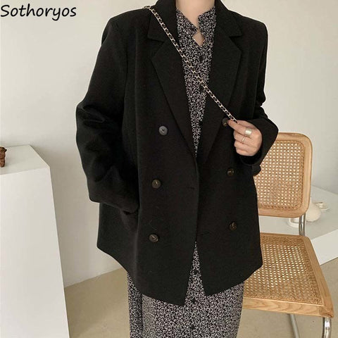 Women Double Breasted Blazers Notched Long Sleeve Loose Coats Autumn Office Lady Elegant Black Suits Korean Classic Ins